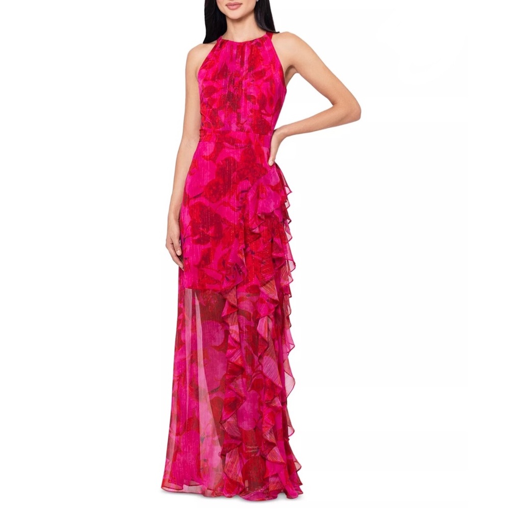 Betsy and Adam Pink Floral Gown Halter Ruffled Sleeveless Maxi Dress Size 2